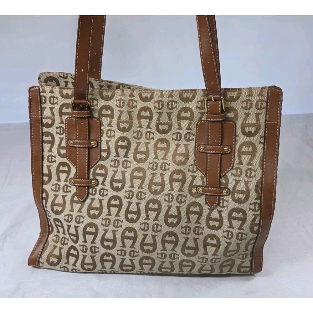 Etienne Aigner Vintage Monogram Tote Bag Purse Canvas and Leather Brown